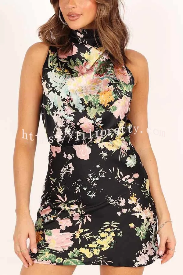 Romantic and Forever Satin Floral High Neck Mini Dress