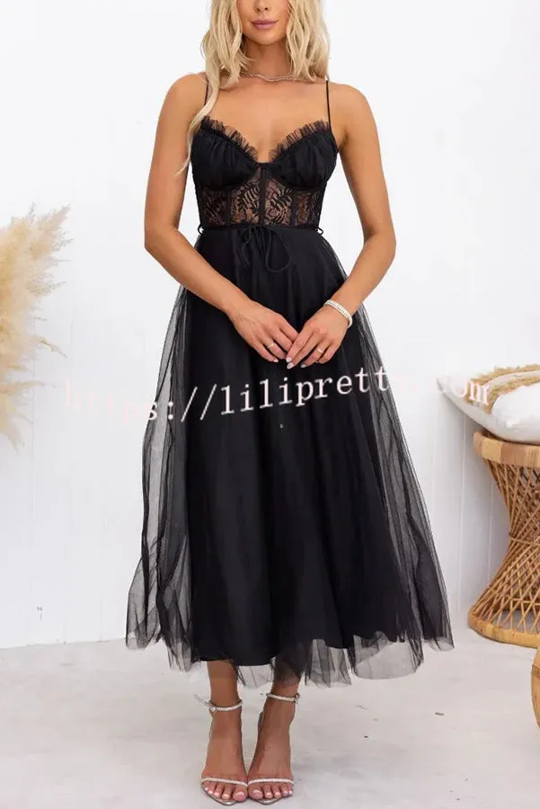 Romantic Fairytale Tulle Lace Bust Tie-up Waist Midi Dress