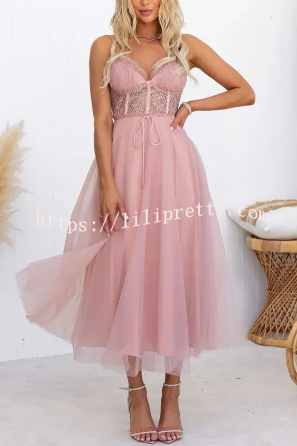 Romantic Fairytale Tulle Lace Bust Tie-up Waist Midi Dress