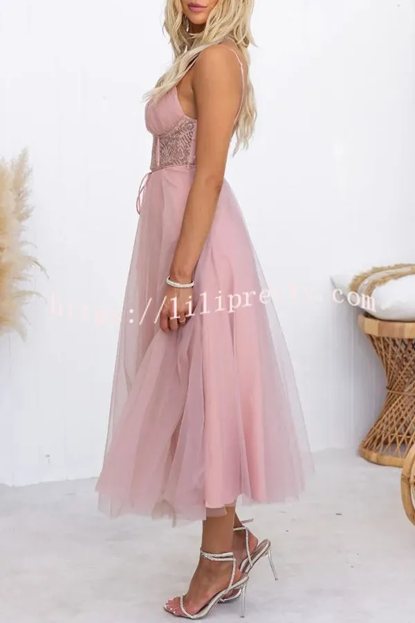 Romantic Fairytale Tulle Lace Bust Tie-up Waist Midi Dress