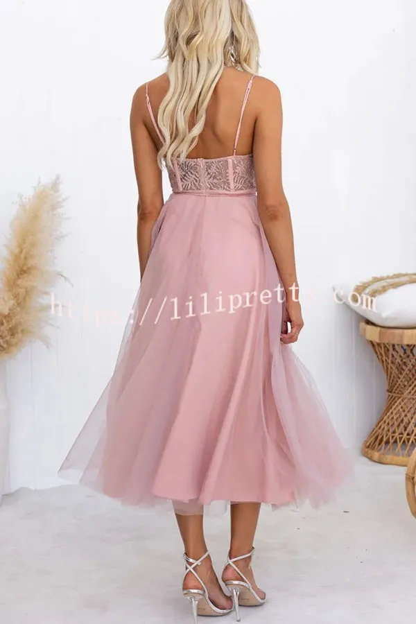 Romantic Fairytale Tulle Lace Bust Tie-up Waist Midi Dress