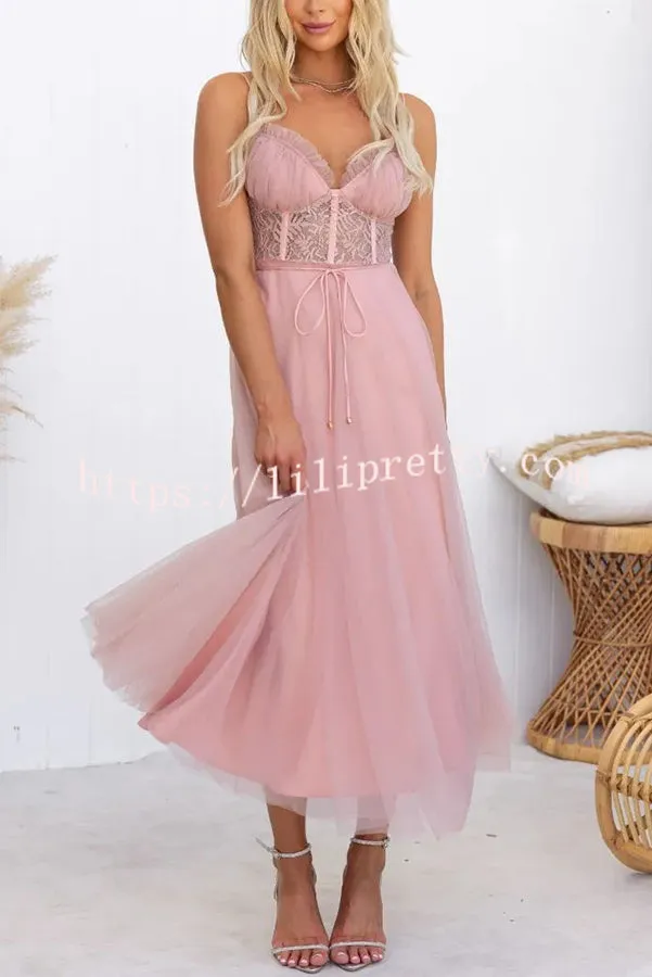 Romantic Fairytale Tulle Lace Bust Tie-up Waist Midi Dress