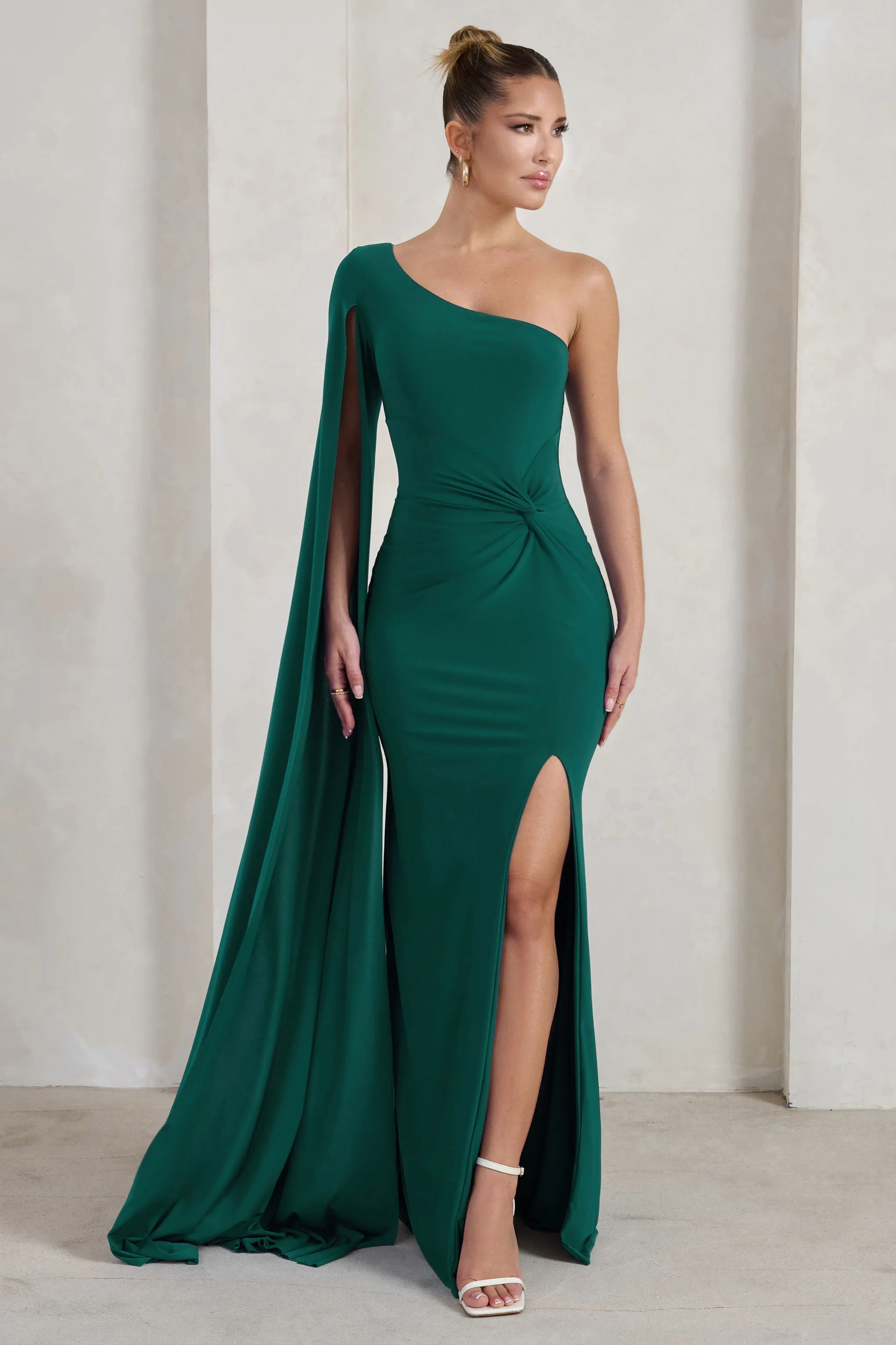 Romi | Bottle Green One Shoulder Twist Design Maxi Dress