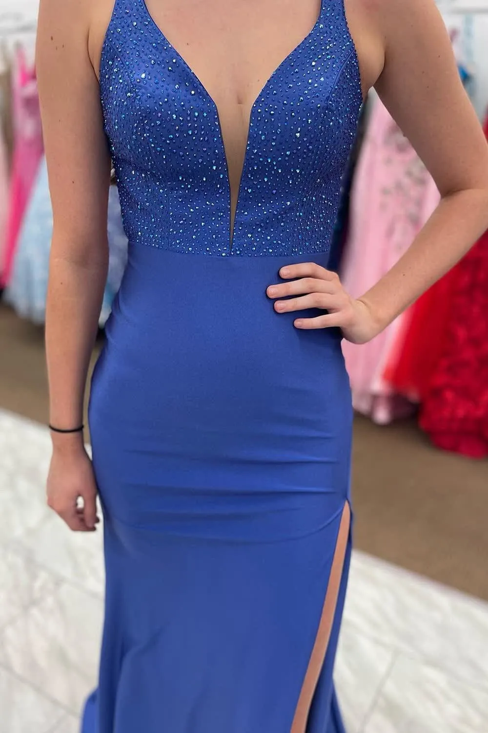 Royal Blue Deep V Neck Mermaid Prom Dress with Slit