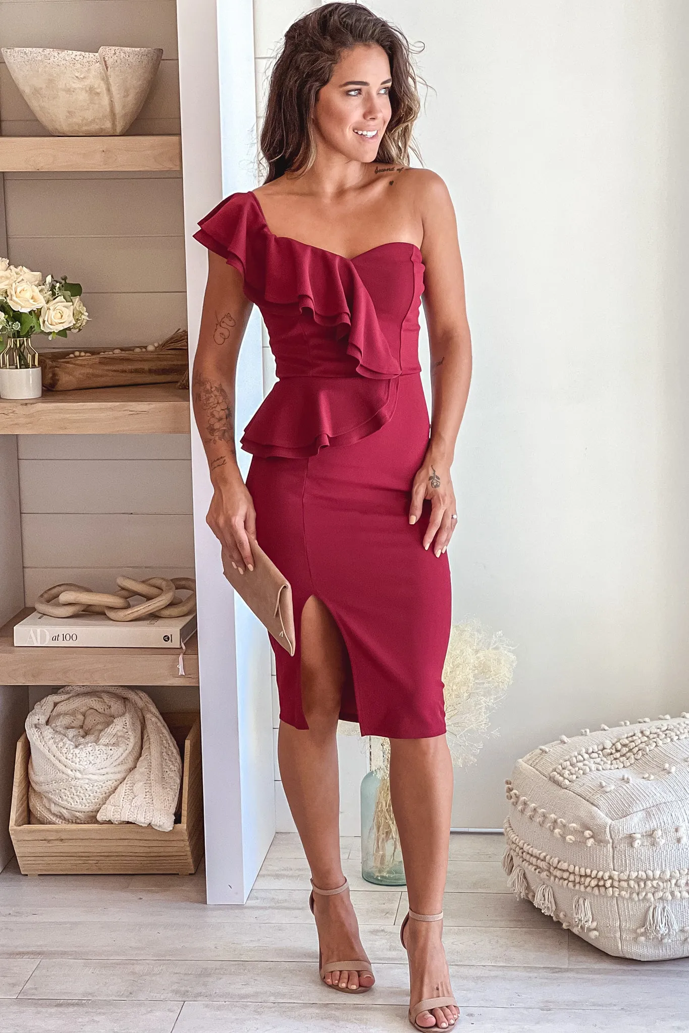 Ruby One Shoulder Ruffles Midi Dress