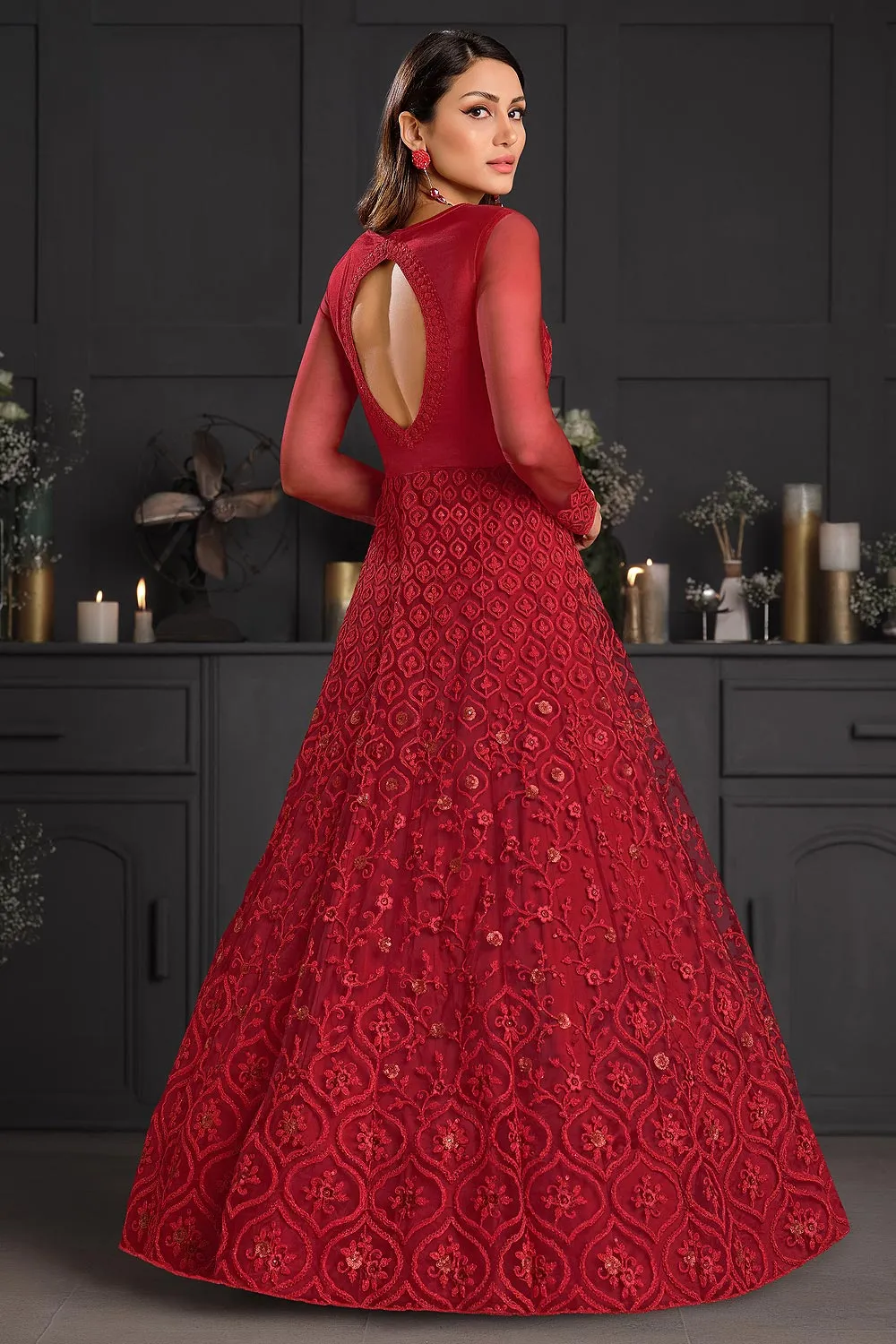 Ruby Red Butterfly Net Wedding Anarkali Suit