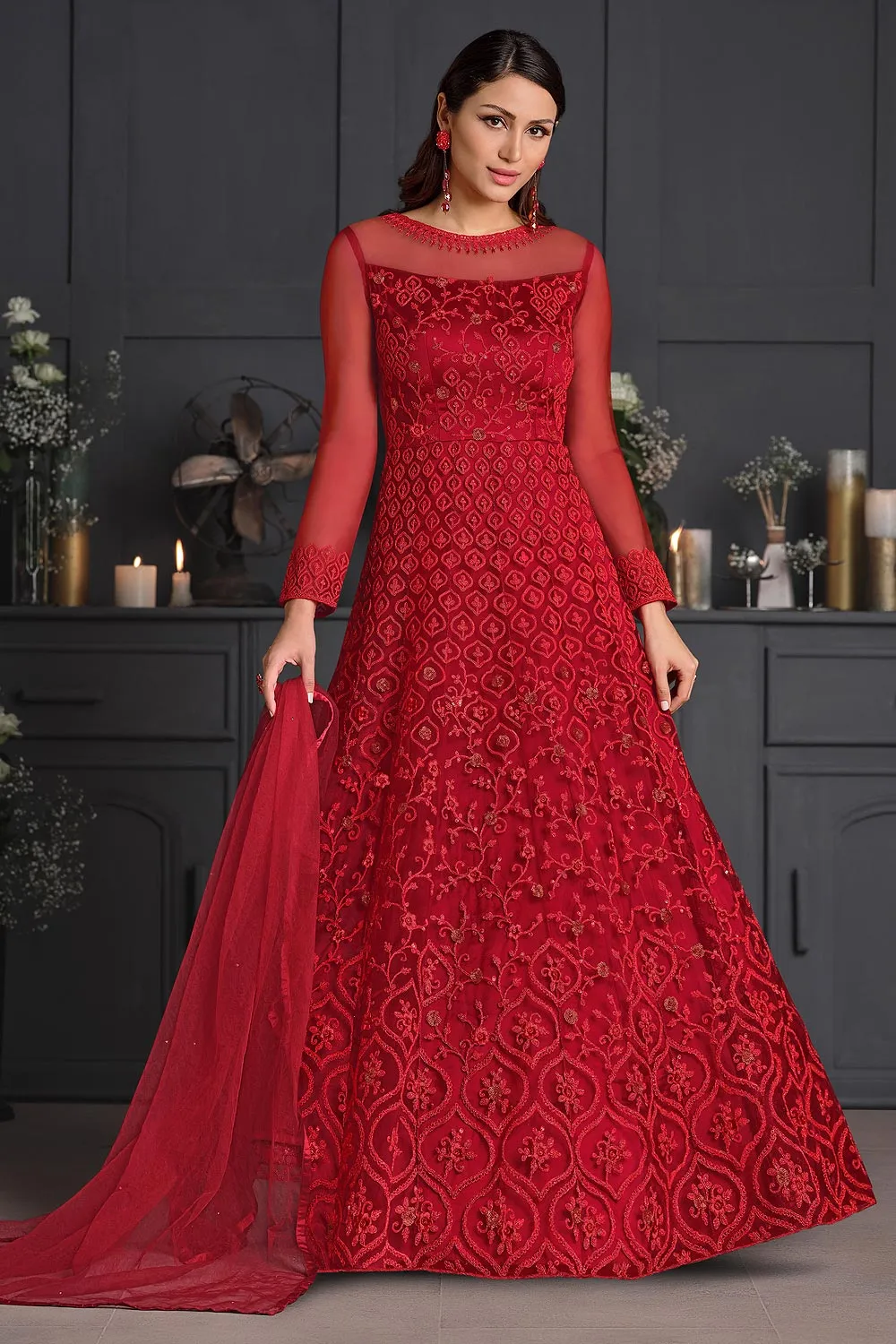 Ruby Red Butterfly Net Wedding Anarkali Suit