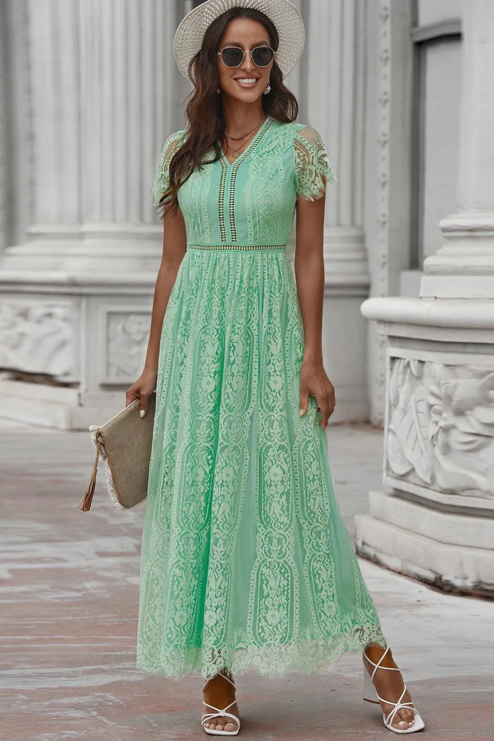 Scalloped Trim Lace Plunge Dress