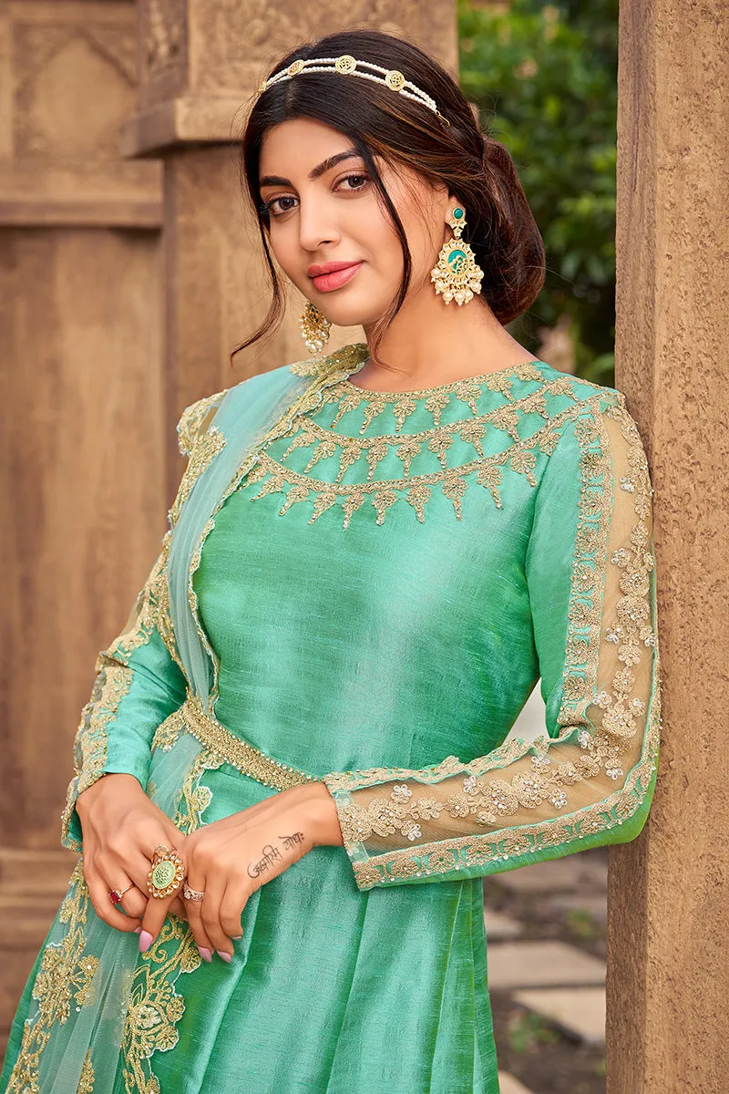 Seafoam Green Heavy Art Silk Beautiful Anarkali Suit