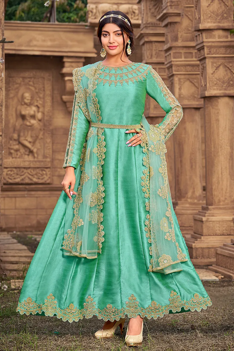 Seafoam Green Heavy Art Silk Beautiful Anarkali Suit