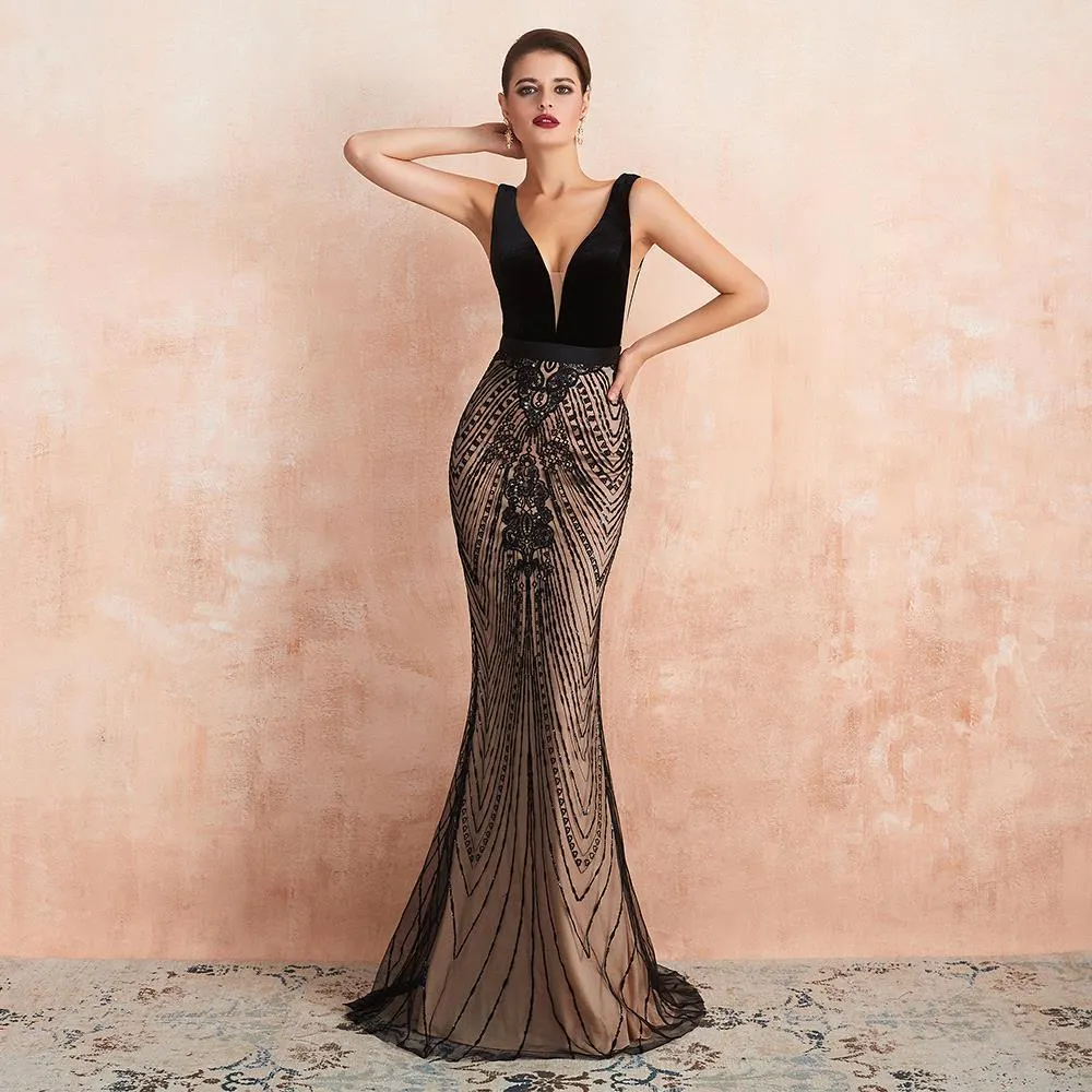 Sexy Double V-Neck Black Beading Mermaid Evening Maxi Dress Sleeveless Stylish Prom Dress