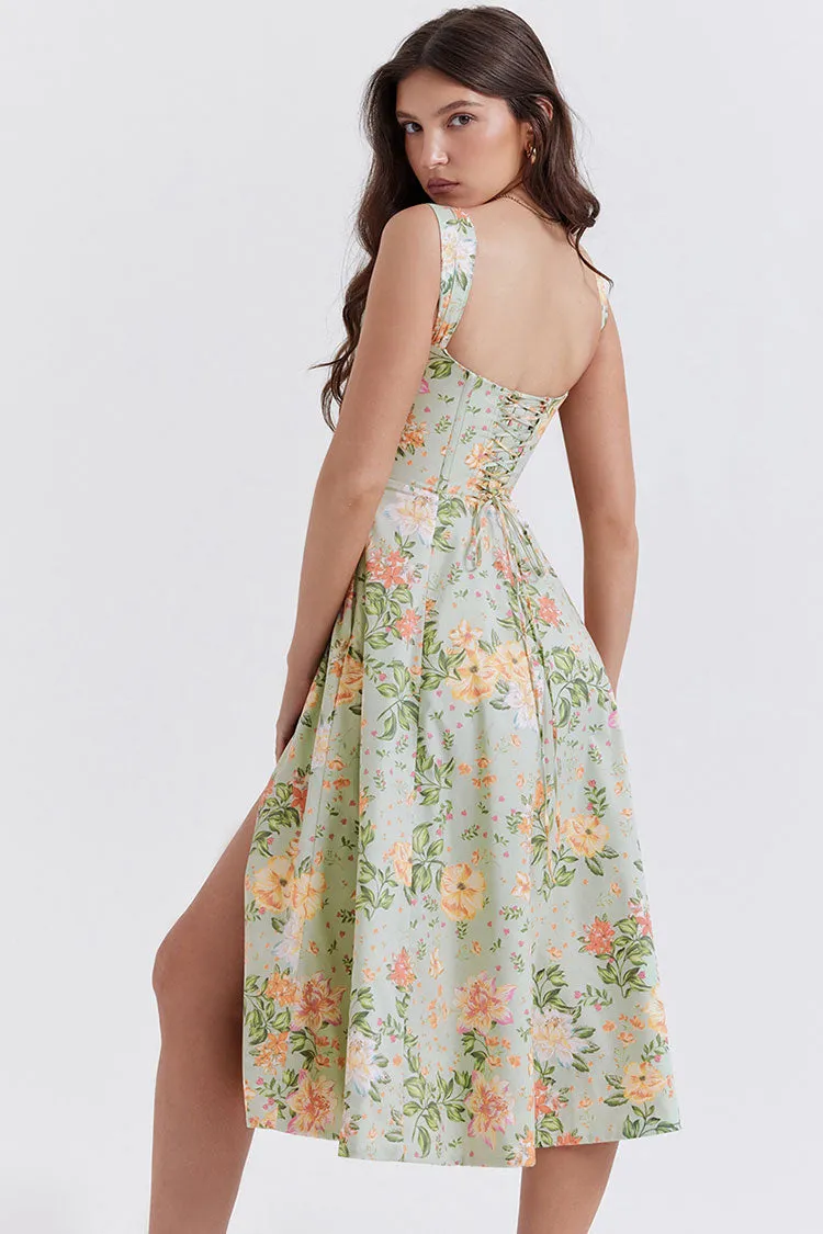 Sexy Floral Printed Lace Up Back High Split Corset Mini Sundress - Green