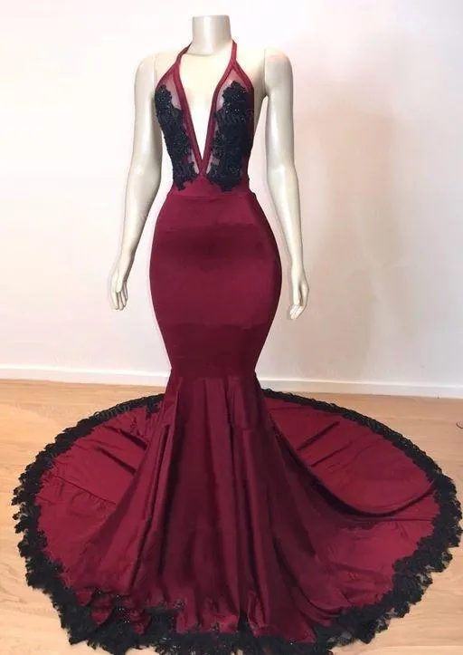 Sexy Mermaid V Neck Backless Burgundy And Black Long Prom Dress 2025