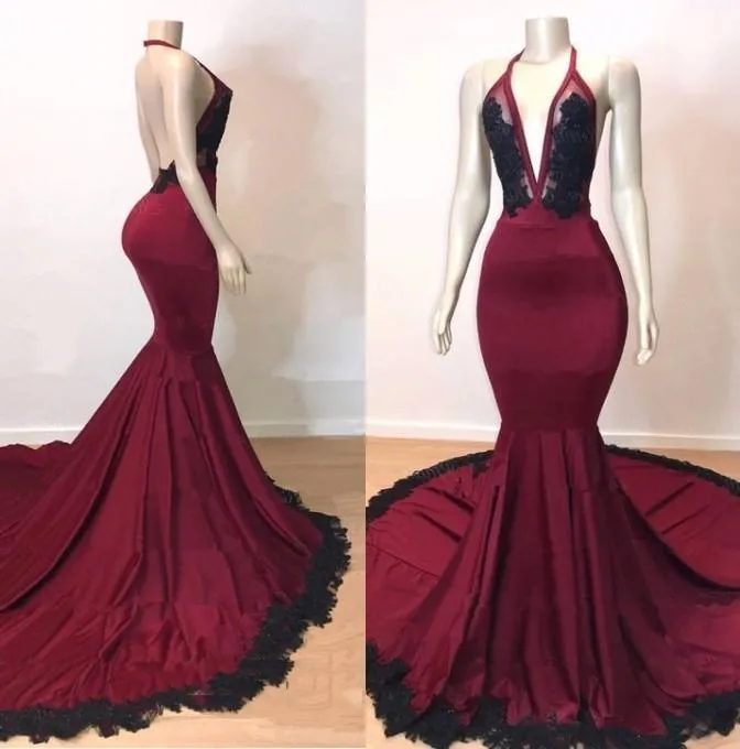 Sexy Mermaid V Neck Backless Burgundy And Black Long Prom Dress 2025