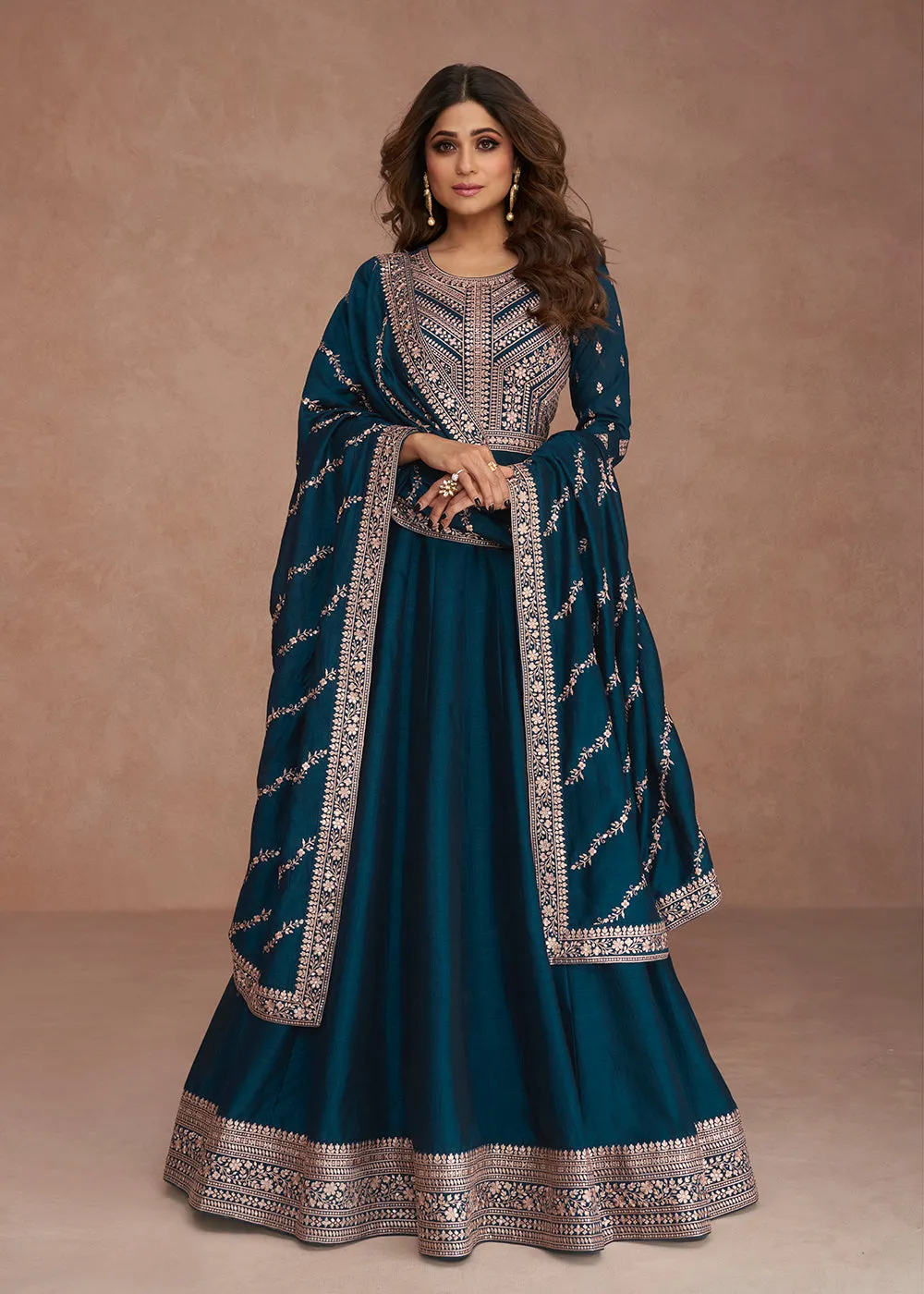 Shamita Shetty Festive Blazing Teal Blue Silk Anarkali Suit