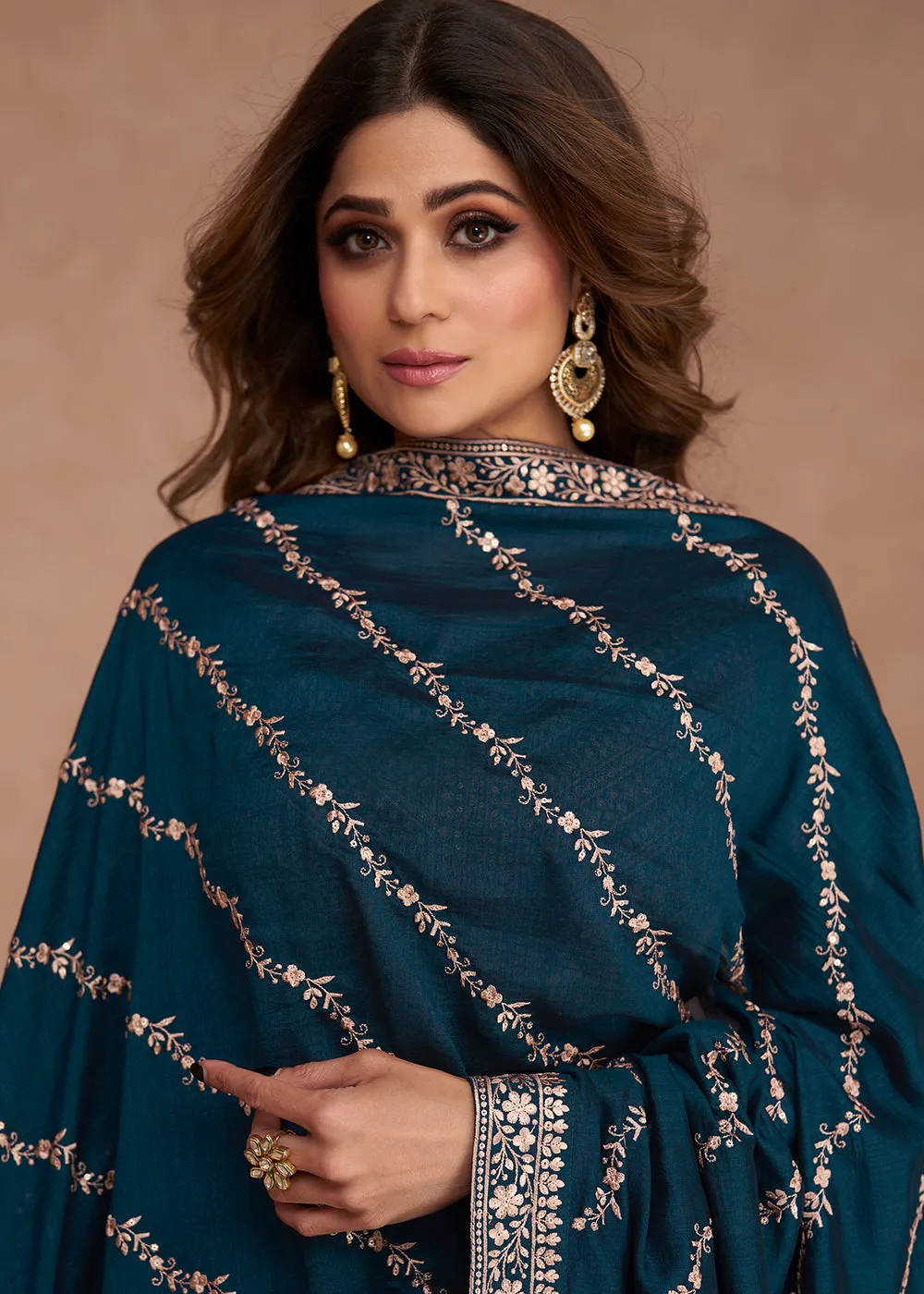 Shamita Shetty Festive Blazing Teal Blue Silk Anarkali Suit