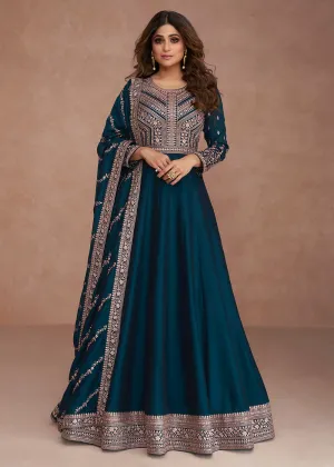 Shamita Shetty Festive Blazing Teal Blue Silk Anarkali Suit