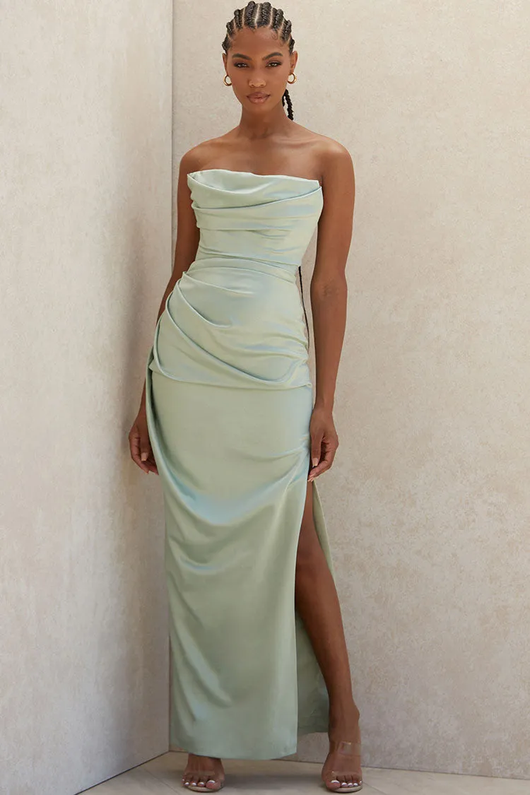 Silky High Slit Strapless Ruched Satin Maxi Dress - Sage Green