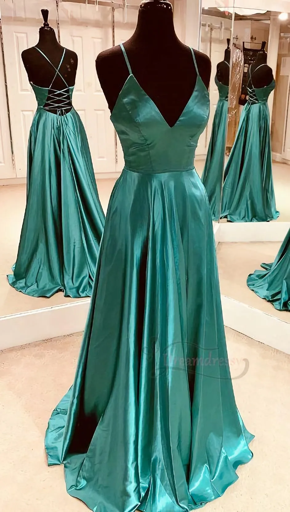 Simple A Line V Neck Teal Long Prom Dress With Lace Up Back