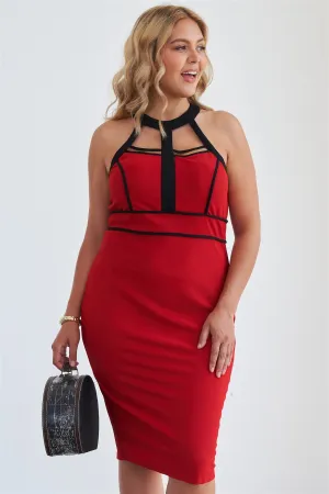 Size Barbados Cherry Cage Halter Neck Bodycon Midi Dress