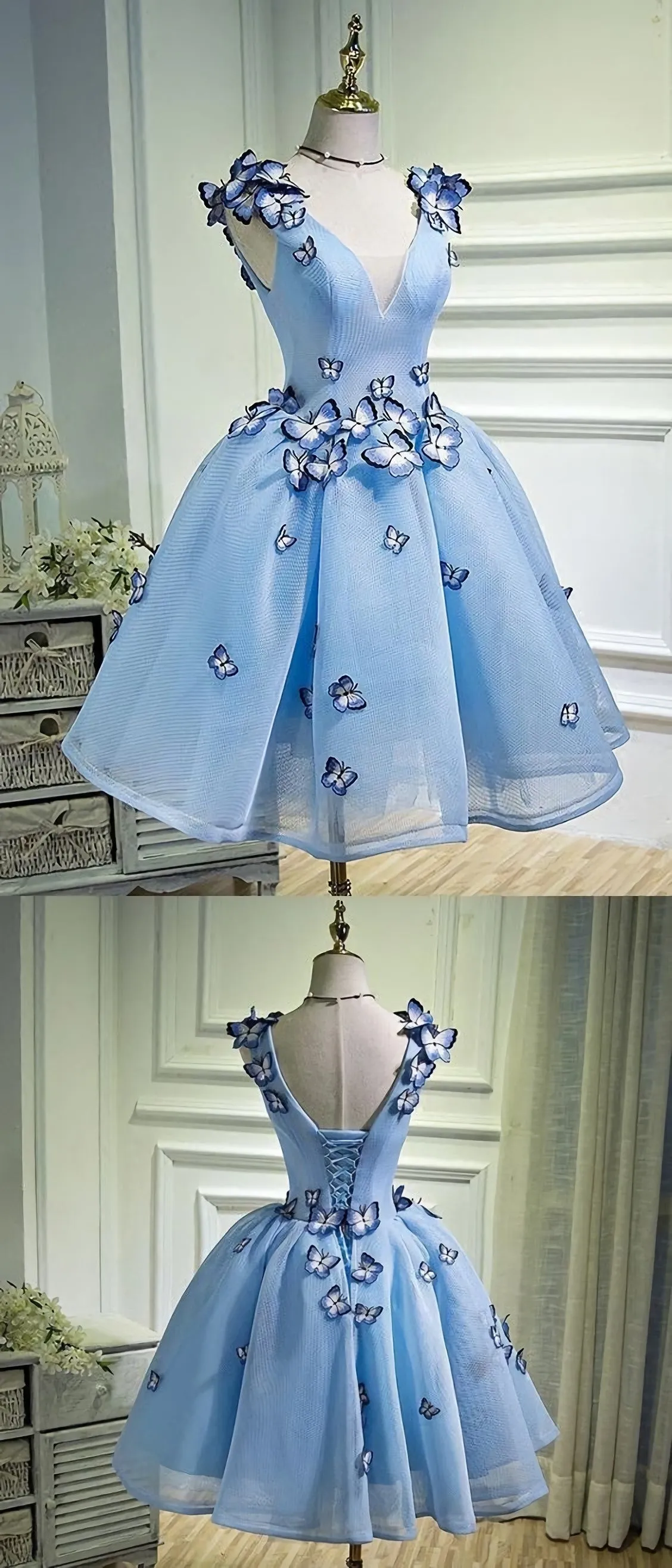 Sky Blue Butterfly Short Homecoming Dress Party Dresses