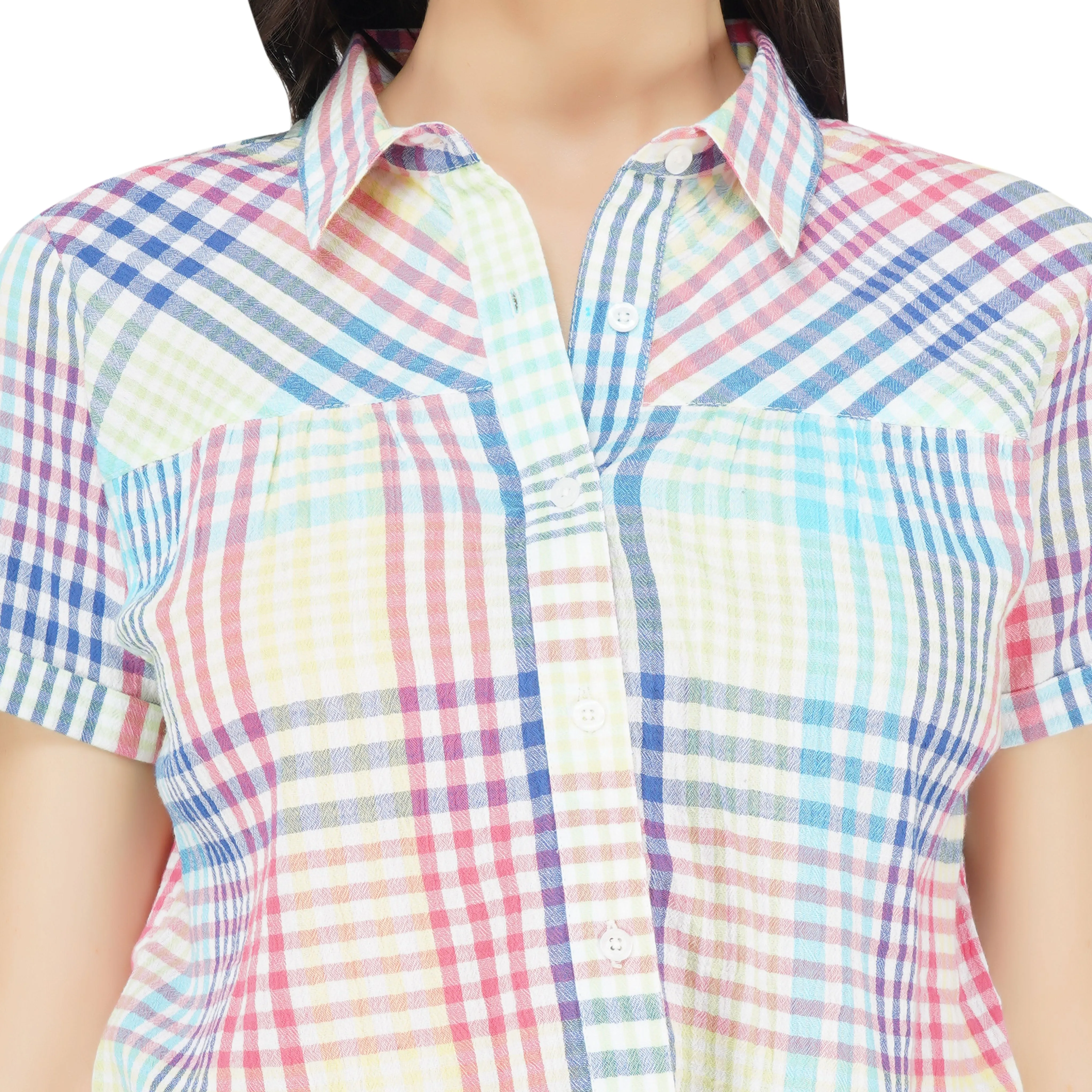 SLAY. Women's Yarn Dye Check Stripes Multi Colour Front Tie Knot Shirt