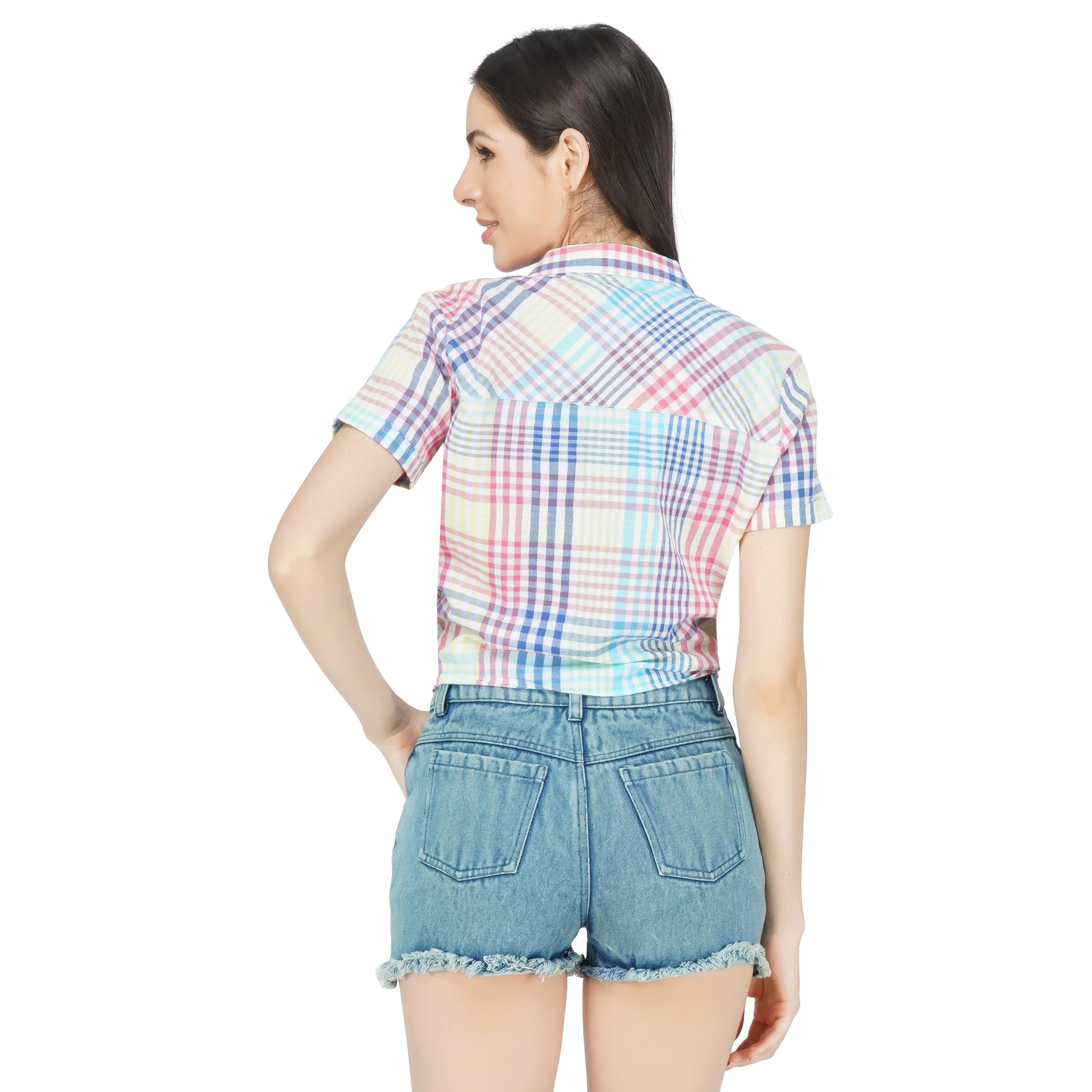 SLAY. Women's Yarn Dye Check Stripes Multi Colour Front Tie Knot Shirt