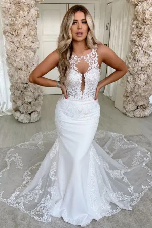 Spaghetti Strap Satin Backless Long Mermaid Wedding Dress with Lace