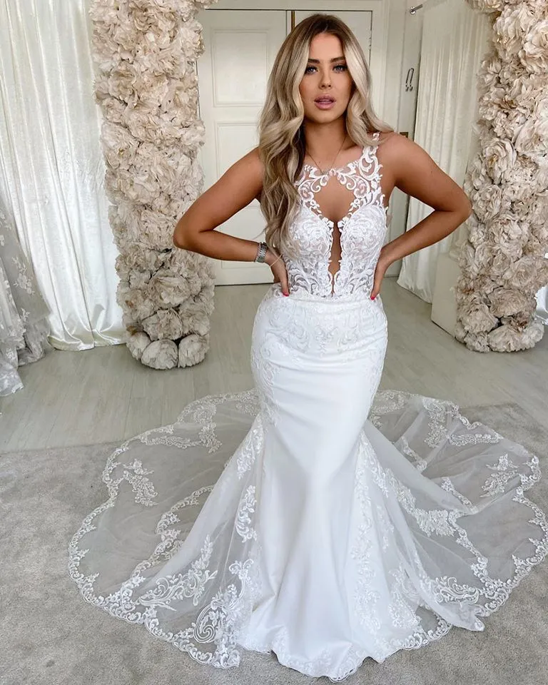 Spaghetti Strap Satin Backless Long Mermaid Wedding Dress with Lace