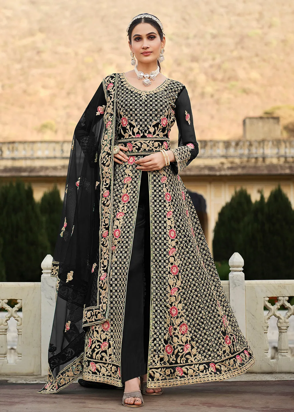 Special Cord & Stone Work Black Slit Style Anarkali Suit