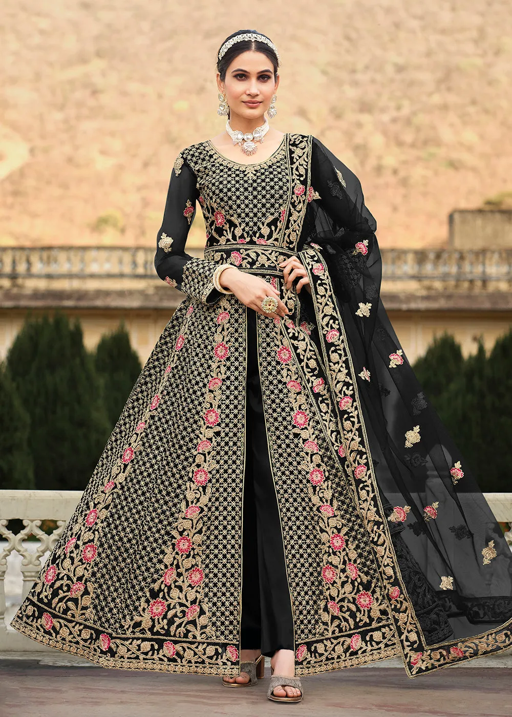 Special Cord & Stone Work Black Slit Style Anarkali Suit