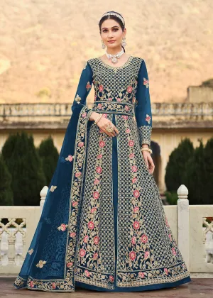 Special Cord & Stone Work Dusty Blue Slit Style Anarkali Suit