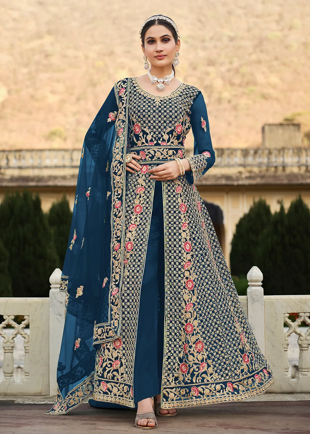 Special Cord & Stone Work Dusty Blue Slit Style Anarkali Suit