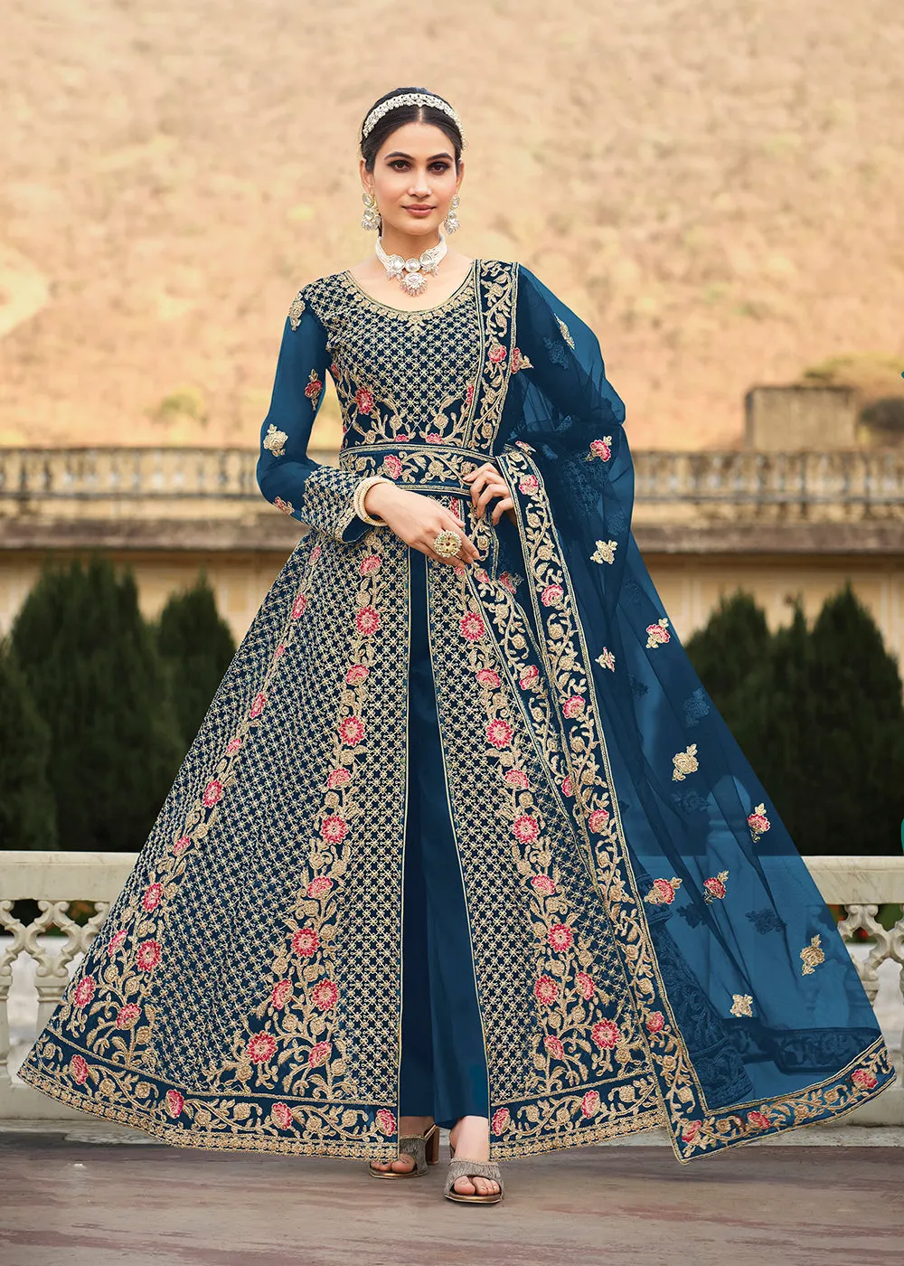 Special Cord & Stone Work Dusty Blue Slit Style Anarkali Suit