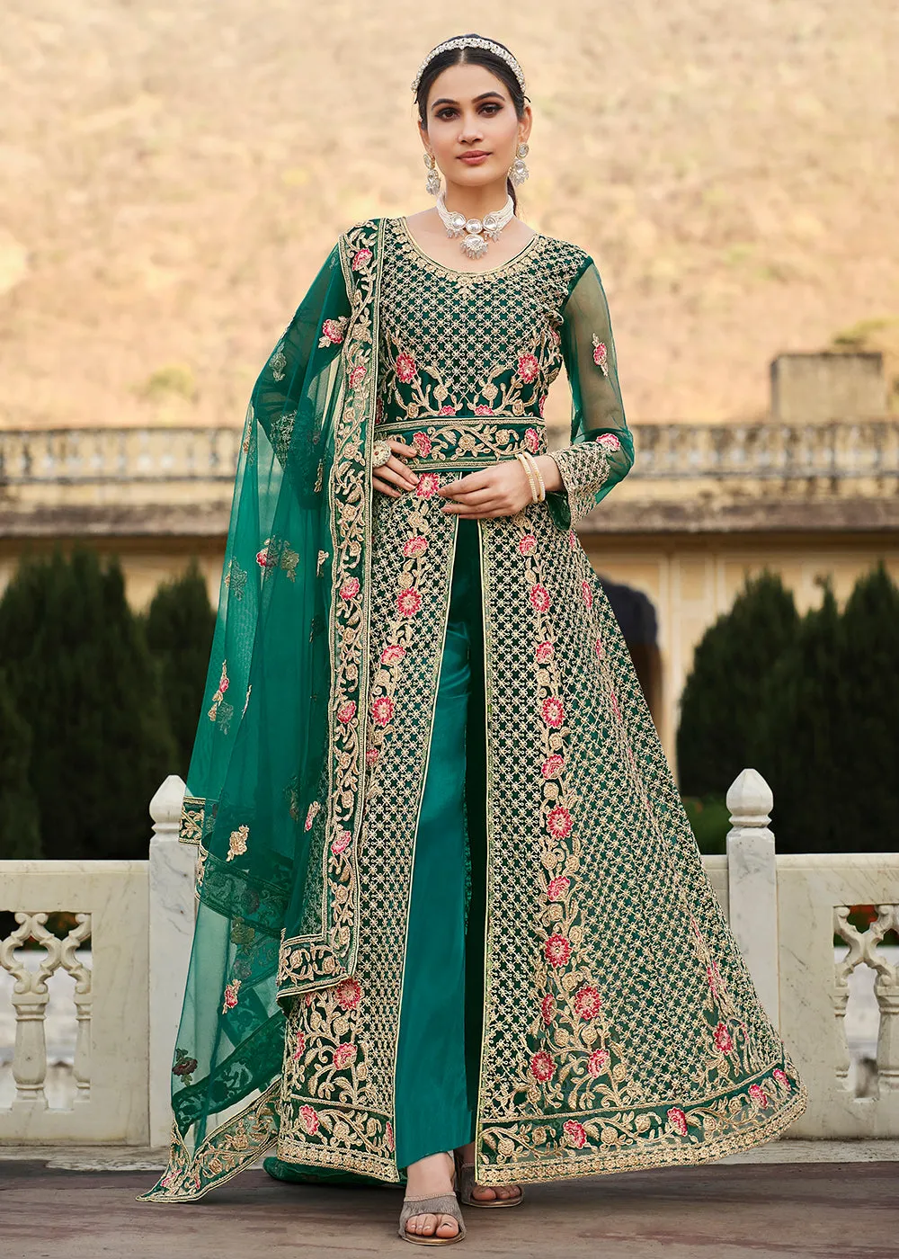 Special Cord & Stone Work Green Slit Style Anarkali Suit