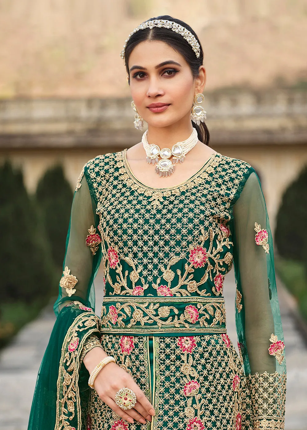 Special Cord & Stone Work Green Slit Style Anarkali Suit