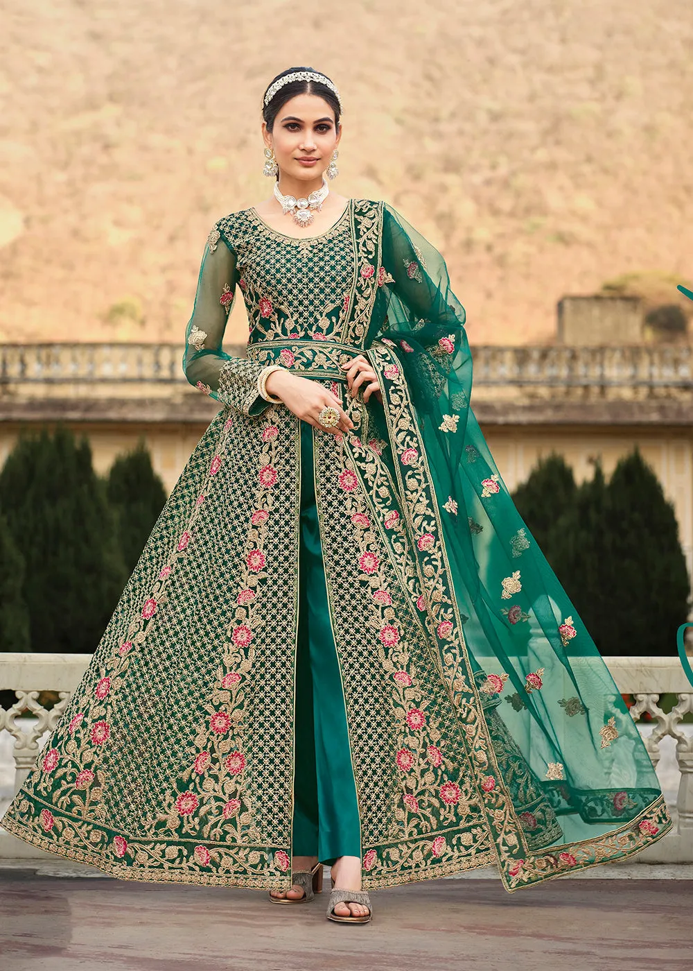 Special Cord & Stone Work Green Slit Style Anarkali Suit