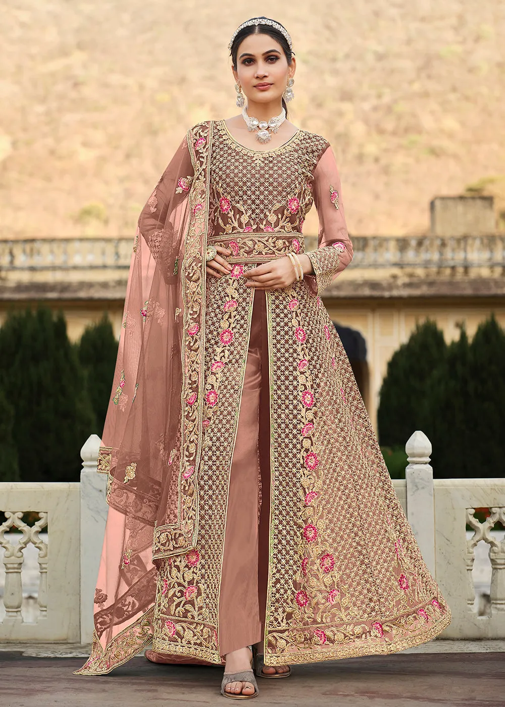 Special Cord & Stone Work Rose Pink Slit Style Anarkali Suit