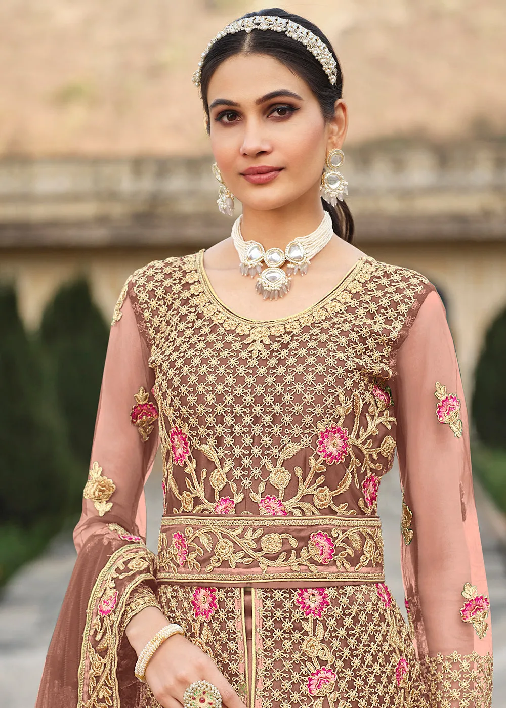 Special Cord & Stone Work Rose Pink Slit Style Anarkali Suit