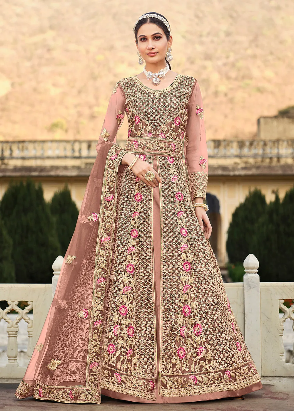 Special Cord & Stone Work Rose Pink Slit Style Anarkali Suit