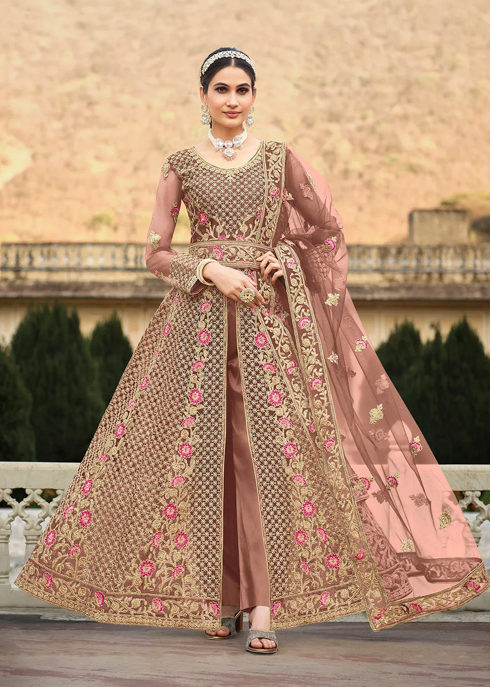 Special Cord & Stone Work Rose Pink Slit Style Anarkali Suit