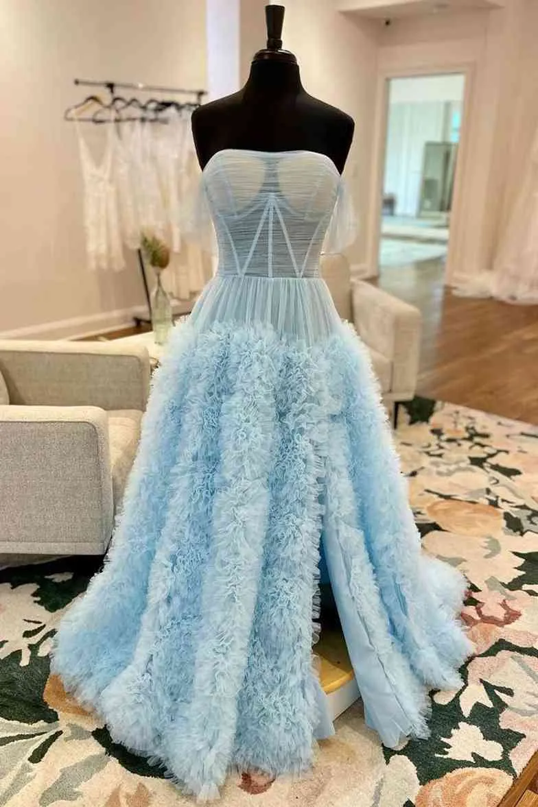 Strapless Light Blue Ruffle Tulle A-Line Prom Dress with Sheer Mesh