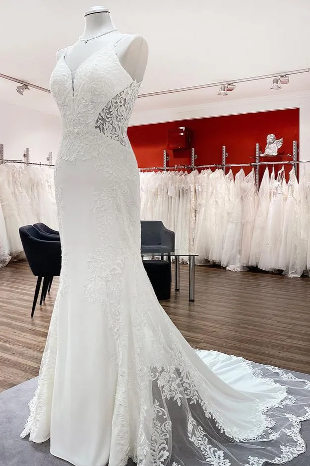 Sweetheart Long Mermaid Spaghetti Strap Open Back Wedding Dress with Lace and Satin