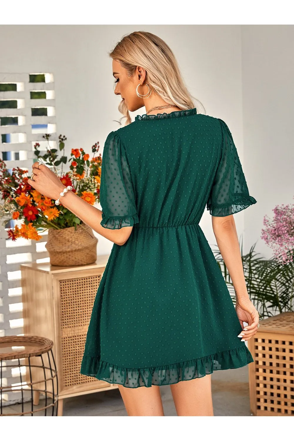 Swiss Dot Frill Trim Puff Sleeve Surplice Dress