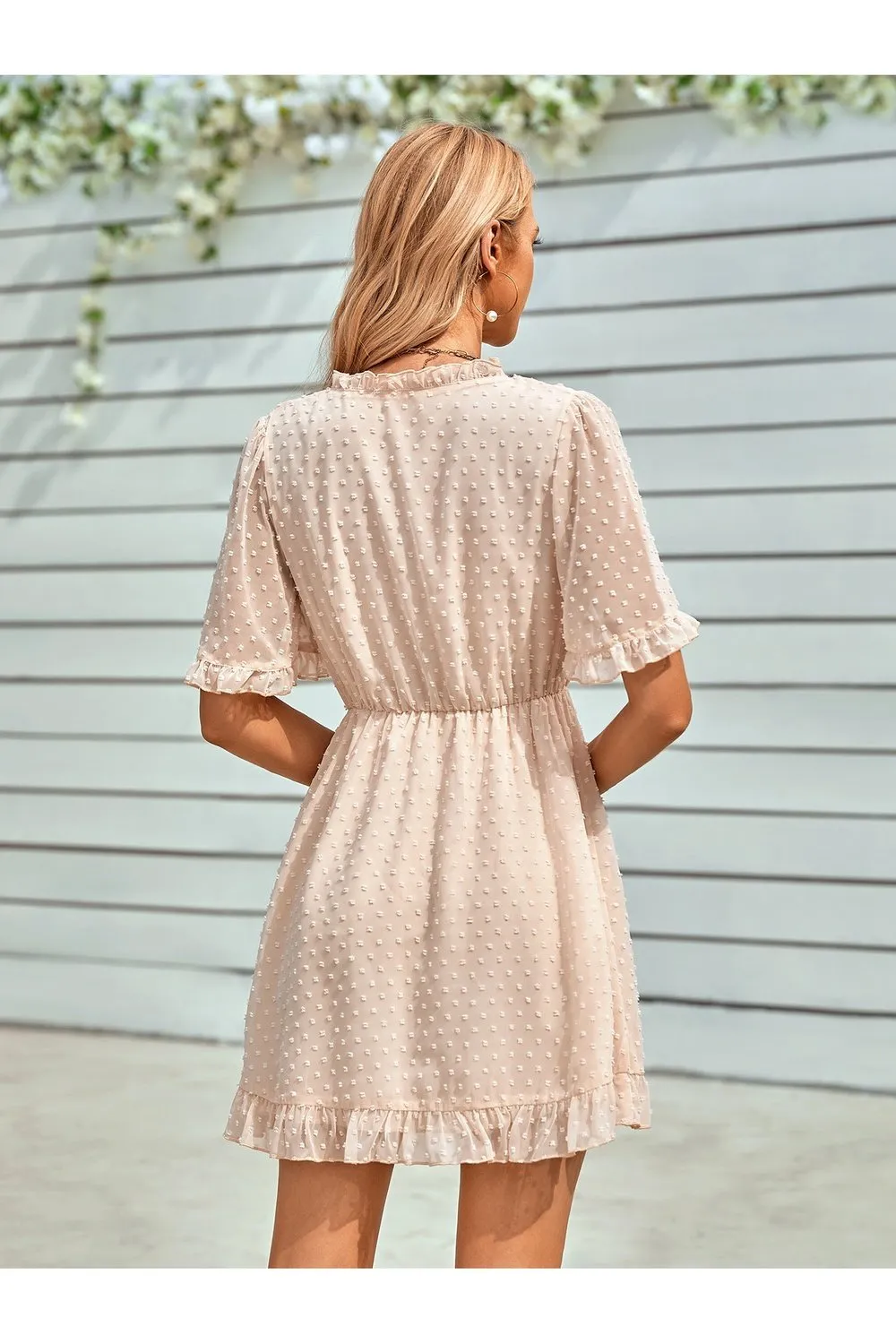 Swiss Dot Frill Trim Puff Sleeve Surplice Dress