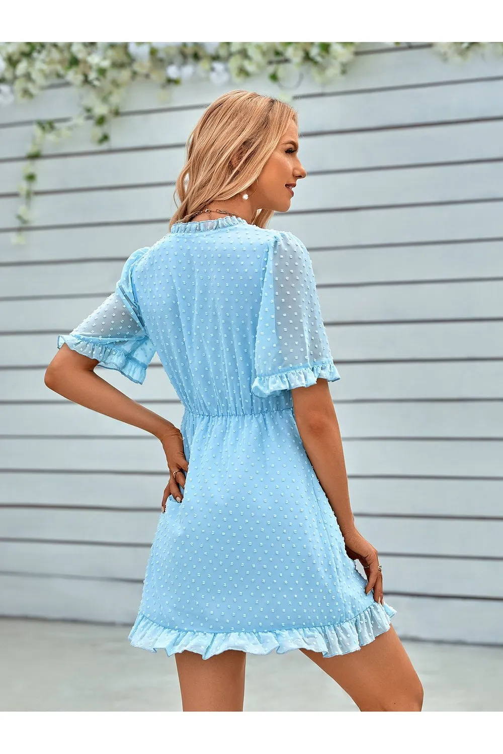 Swiss Dot Frill Trim Puff Sleeve Surplice Dress