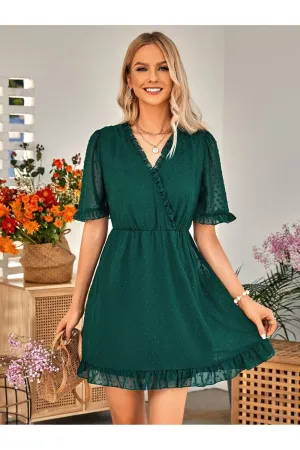 Swiss Dot Frill Trim Puff Sleeve Surplice Dress