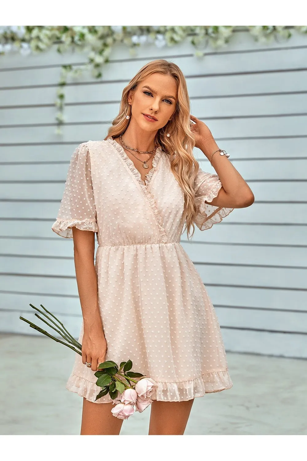 Swiss Dot Frill Trim Puff Sleeve Surplice Dress