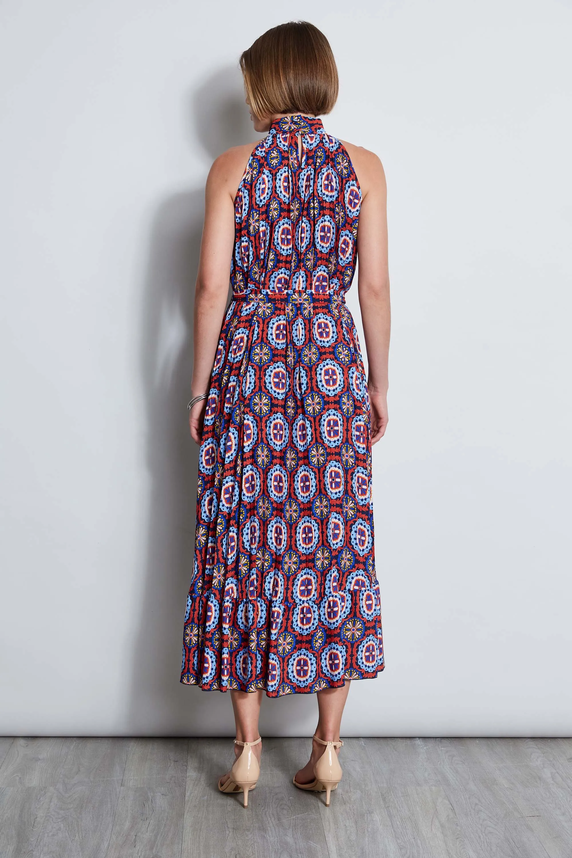 T-Tahari Pleated Print Halter Midi Dress