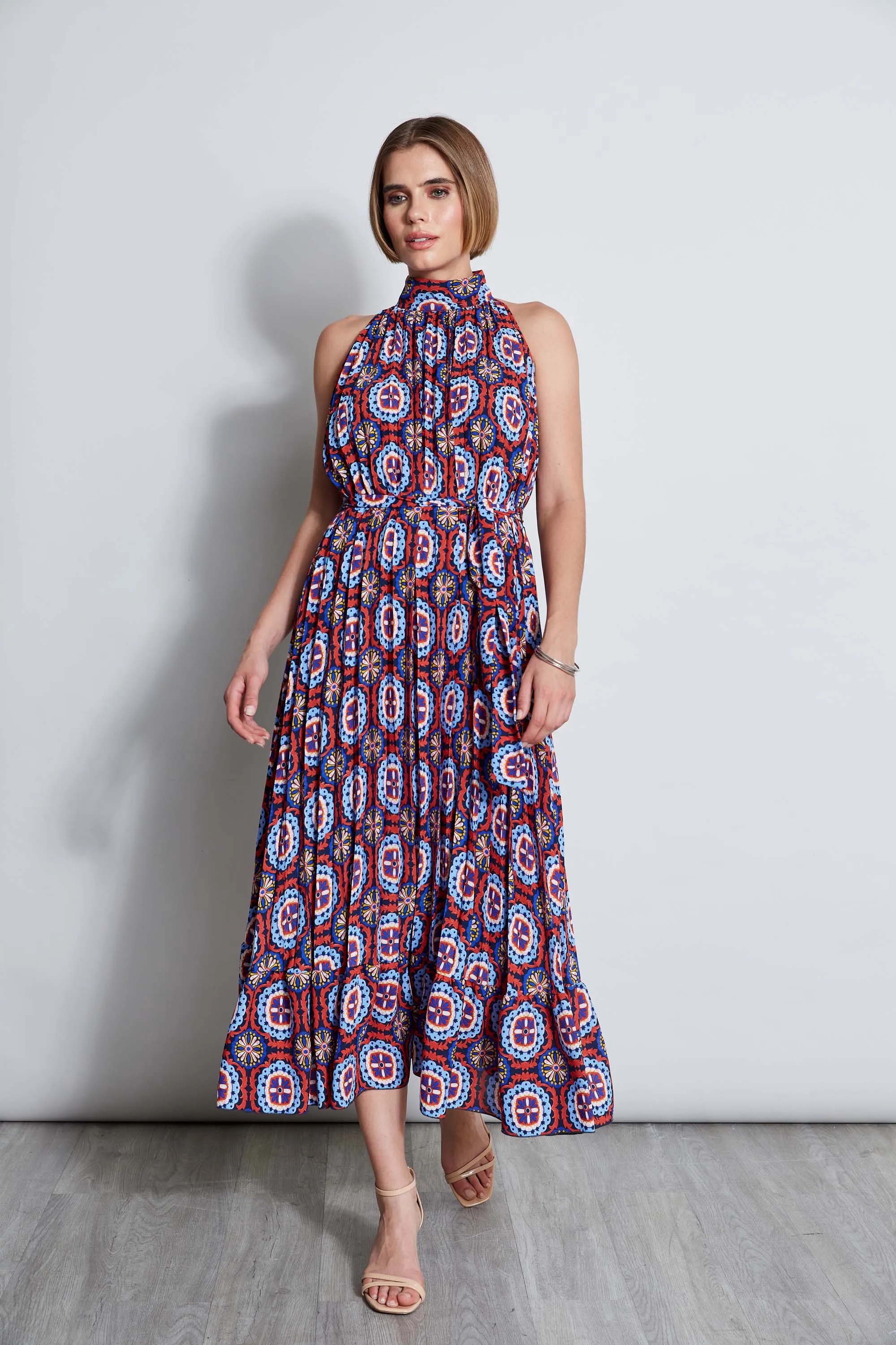 T-Tahari Pleated Print Halter Midi Dress